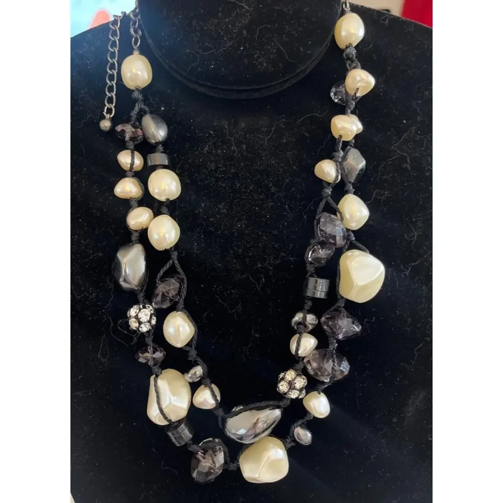 Chico’s Necklace Faux White Gray Pearls Gunmetal Rhinestones Chunky 16